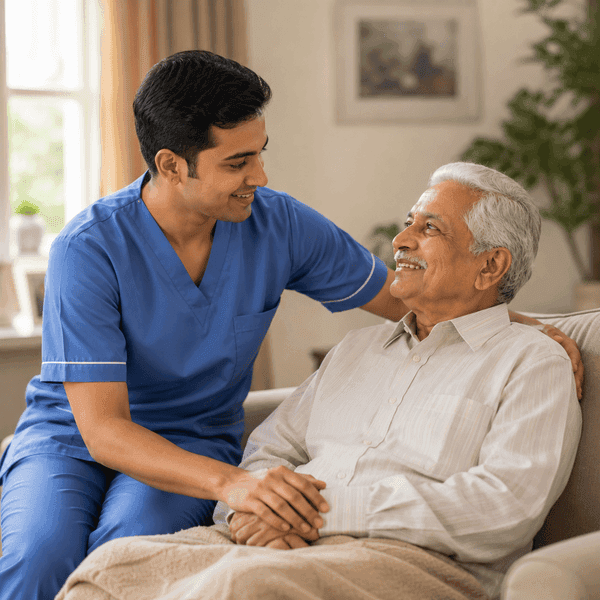 Apna Home Care nurse providing compassionate support to elderly patient at home in Muzaffarpur